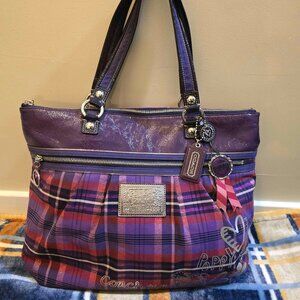 Coach Poppy Purple Plaid Tote Bag